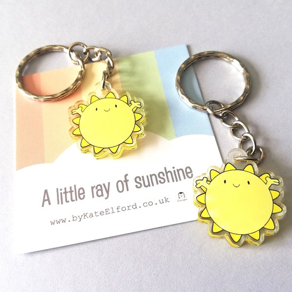 A little ray of sunshine keyring, mini cute positive key fob, friendship, thank you, postable, supportive, happy tiny recycled acrylic