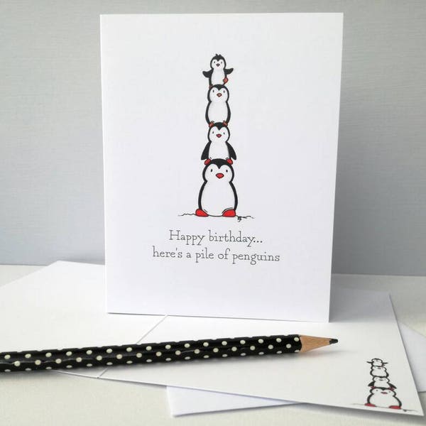 Penguin birthday card, happy birthday, here's a pile of penguins! Funny penguin small card