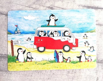 Penguins at the beach, summer penguin vinyl sticker, seaside, surfing, camper, swimming and ice cream
