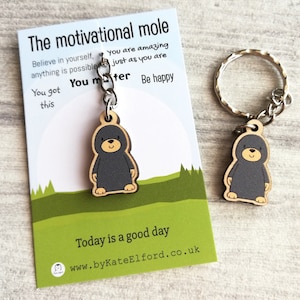 Motivational Mole Keyring - Tiny Wooden Charm, Eco Friendly