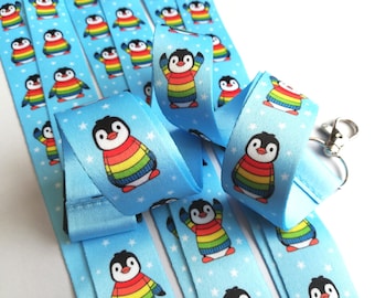Rainbow penguin lanyard, Boo the penguin, quick release, ID holder