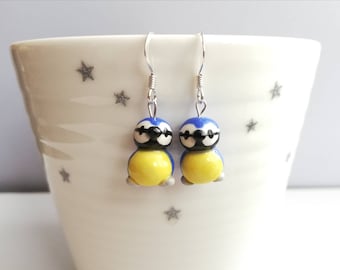 Blue tit earrings, ceramic, miniature birds, garden bird sterling silver earrings