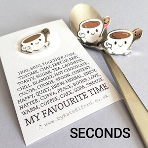 Seconds - Tea, coffee, and spoon enamel pin, hug badge, friend, happy, friendship hard enamel pins