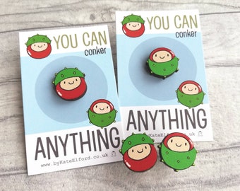 Mini wooden conker pin, positive, conquer, achievement gift. Responsibly resourced wood