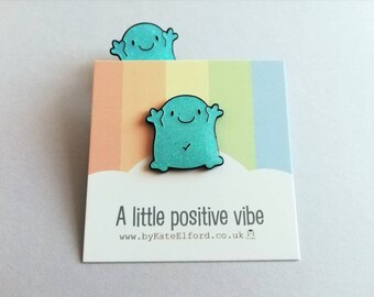 A positive vibe enamel pin, cute turquoise glittery pin, positive fun enamel brooch, caring, friendship, support enamel badges
