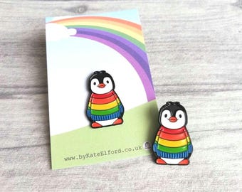 Rainbow Penguin Enamel Pin - 'Boo the penguin' in Striped Jumper