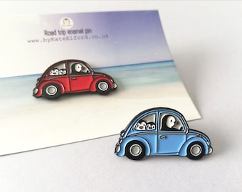 Penguin beetle enamel pin, Wilf on a road trip, little penguin badge, cute car pins, soft enamel brooch pins, blue or red enamel badges