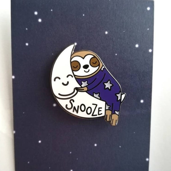 Sloth and moon enamel pin, snooze badge, silver glitter stars hard enamel brooch pins, blue pyjama sloths enamel badges