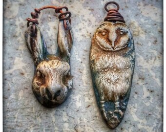 polymer clay owls on brass wires Whimsical Brown Horned Owl earrings