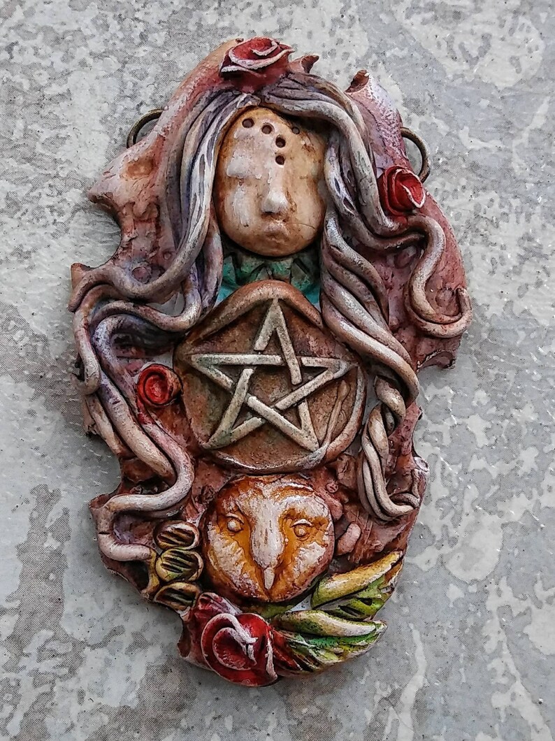 goddess jewelry pentacle jewelry polymer clay Wiccan jewelry Owl goddess magical jewelry