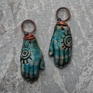 Turquoise polymer clay hands hand earring charms hamsa charms wiccan jewelry palmistry and chiromancy embroidery cabochon Shipping included