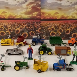 May include: A collection of toy farm vehicles and figures, including a yellow tractor, a green combine, a blue truck, a red truck, a yellow dump truck, a green grain wagon, a silver pickup truck, a yellow grain bin, a blue tractor, a yellow grain wagon, a green tractor, a brown horse trailer, a yellow grain wagon, a blue semi-truck, a yellow bulldozer, an orange dump truck, a farmer figure, and a farmer figure with a shovel.