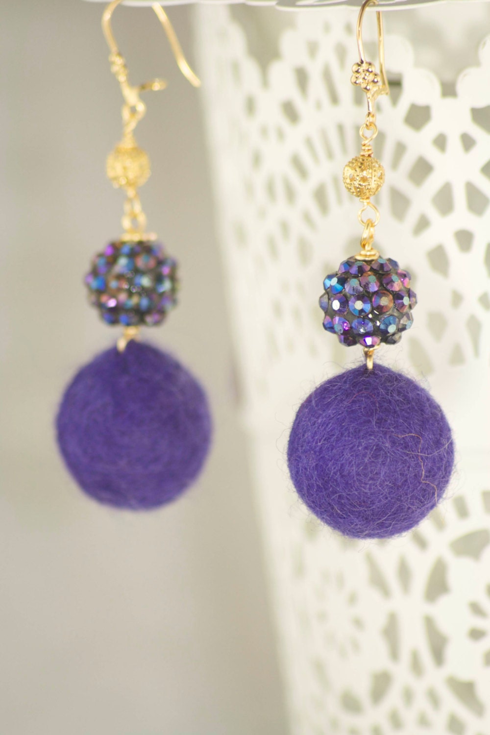 PomPom Earrings wool felt iridescent glass disco ball and Etsy