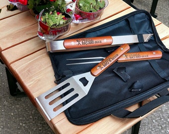 Barbecue set personalised, bbq set, wooden handled engraved set in case, gift