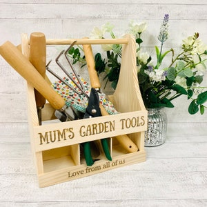 Garden tool carrier, wooden caddy, personalised gift  laser engraved