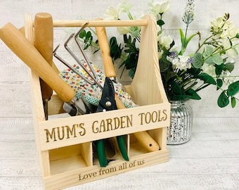 Garden tool carrier, wooden caddy, personalised gift  laser engraved