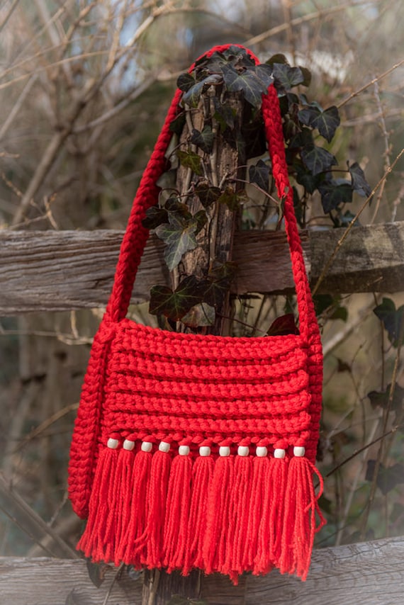 Amazing Red Macrame Beaded Purse with Fringe