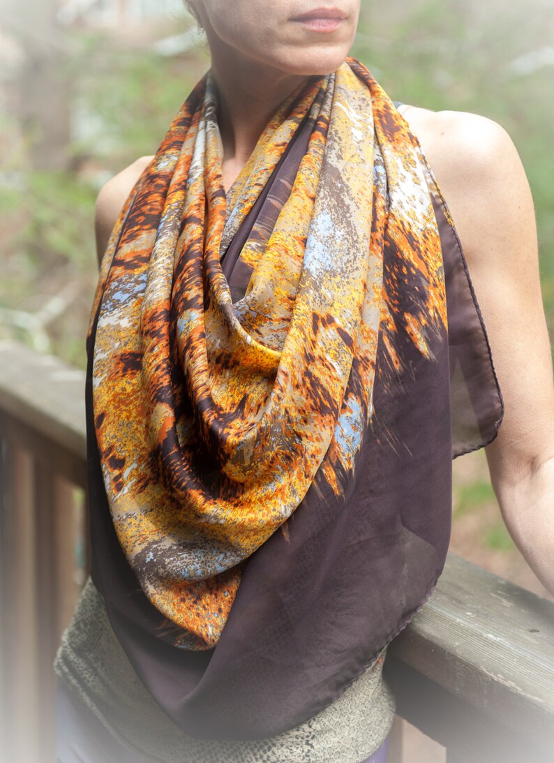 LUSCIOUS Brown Rust Ochre and Slate Blue Italian Made Oversized Silk Scarf/Wrap by F&F image 2