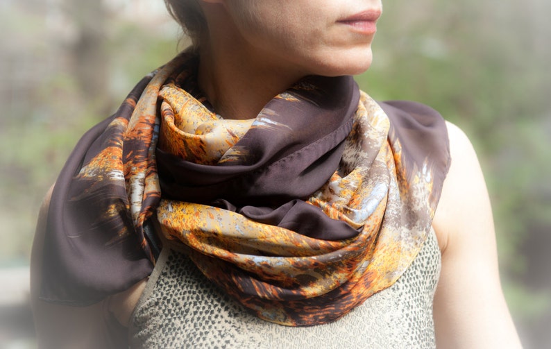 LUSCIOUS Brown Rust Ochre and Slate Blue Italian Made Oversized Silk Scarf/Wrap by F&F image 3