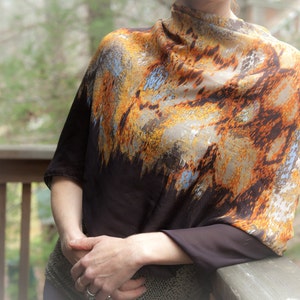 LUSCIOUS Brown Rust Ochre and Slate Blue Italian Made Oversized Silk Scarf/Wrap by F&F image 1
