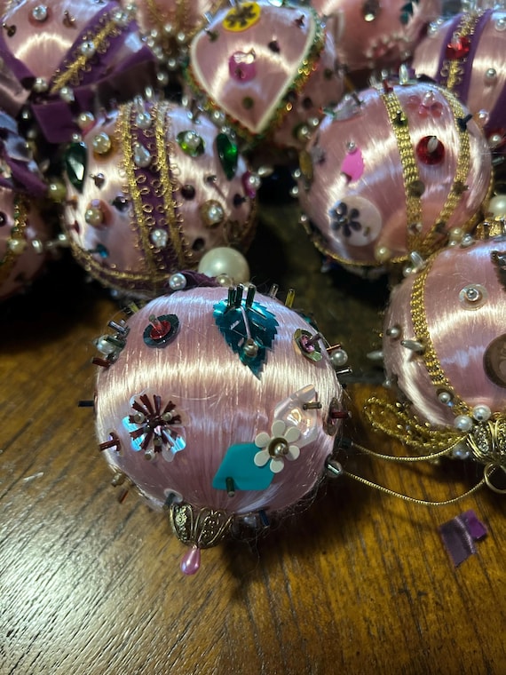 Vintage satin pink push pin ornaments set of 15