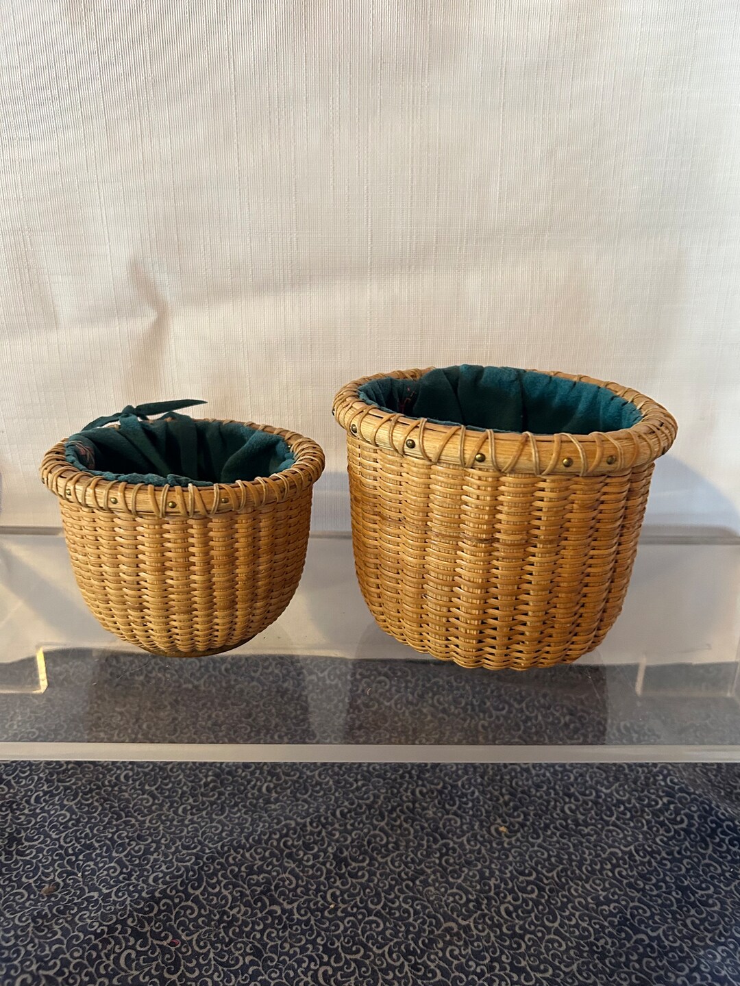 ナンタケット スタイル バスケット ウィッカー ターコイズ ベルベット