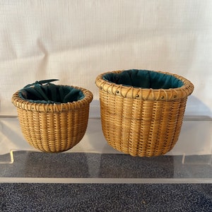 Nantucket style basket wicker turquoise velvet insert set of 2