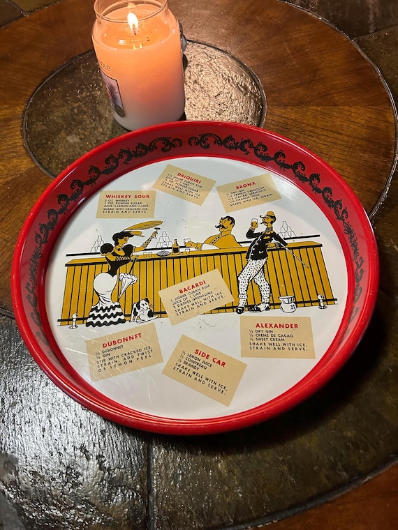 Vintage Round Red Drink Recipe Bar Tray MCM