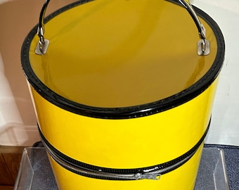 Vintage yellow vinyl round suitcase super cool and rare high gloss hat box