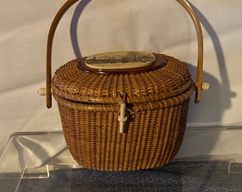 Vintage Nantucket basket purse Barlow clipper ships on top placque