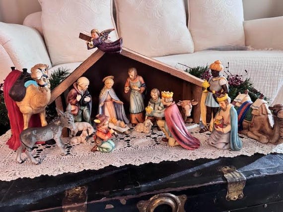 Vintage Hummel nativity set with creche 1957 Goebel West germany signed on bottom great condition
