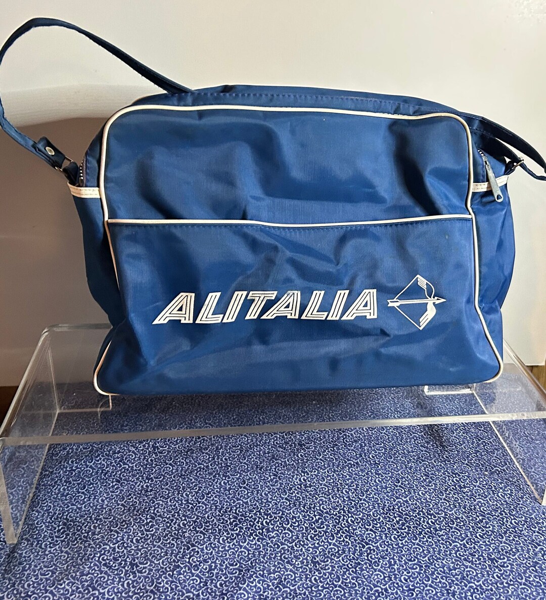 Vintage Alitalia Travel Carryon Bag Navy Blue White Contrast Piping