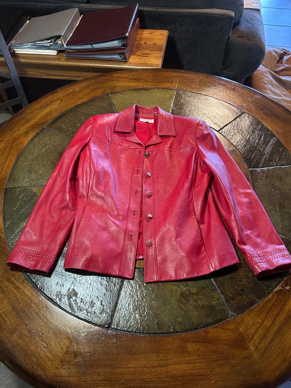 Vintage St. John red leather jacket size small gold buttons