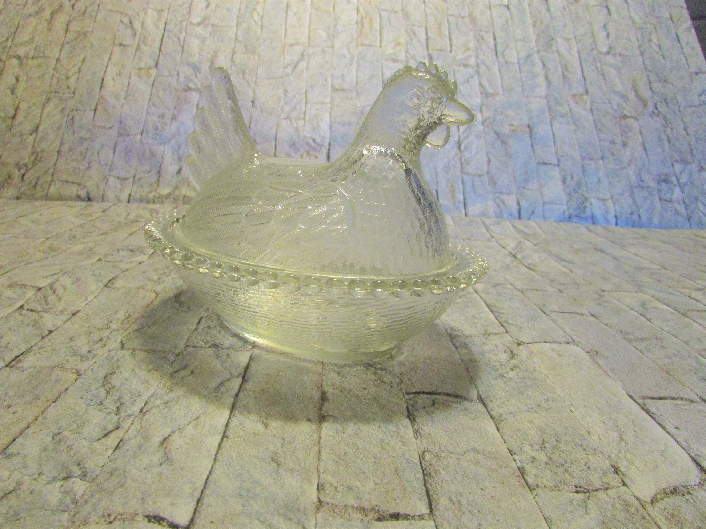 Vintage clear nesting chicken hen on nest Collectible glass nesting hen