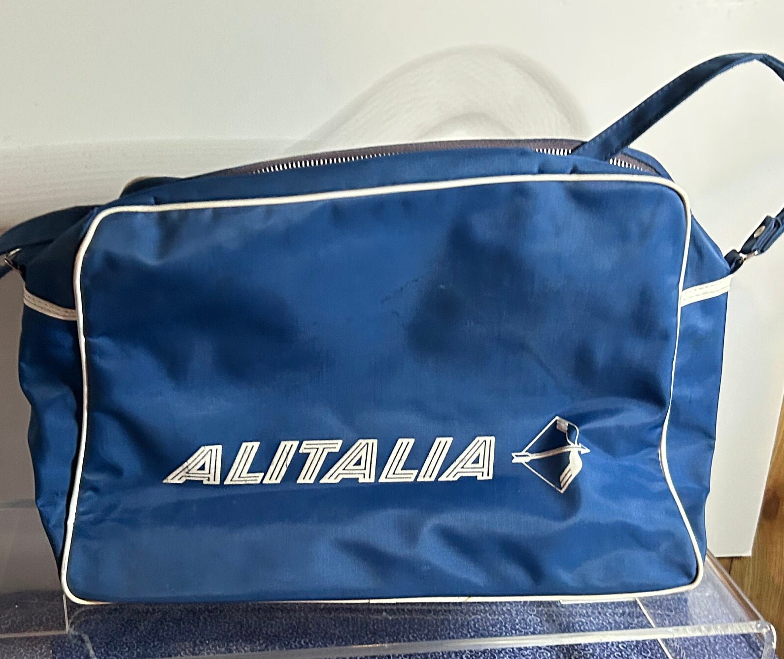 Vintage Alitalia Travel Carryon Bag Navy Blue White Contrast Piping