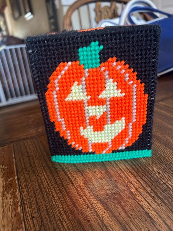 Handmade needlepoint pumpkin tissue cover