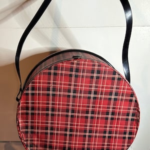 Vintage red plaid round double handled suitcase