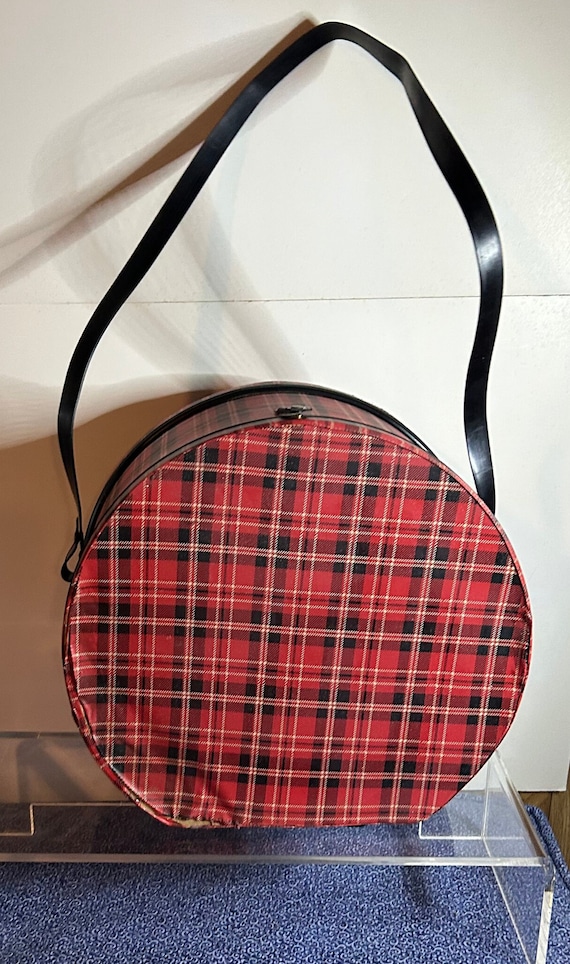 Vintage red plaid round double handled suitcase