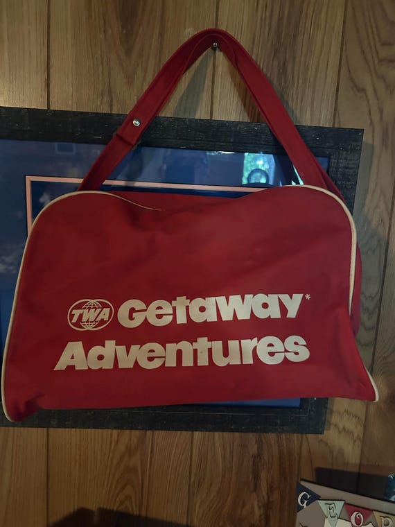 Vintage TWA Getaway Adventures top double-handled duffel bag