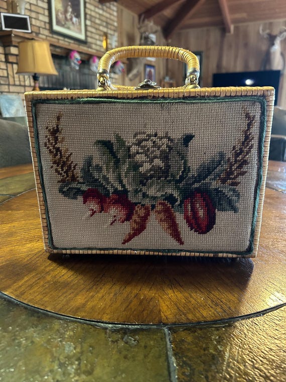 Vintage Saks Fifth Avenue top-handled needlepoint-fronted wicker purse