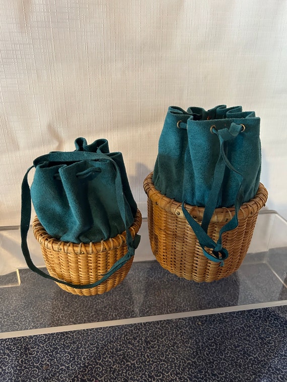 ナンタケット スタイル バスケット ウィッカー ターコイズ ベルベット