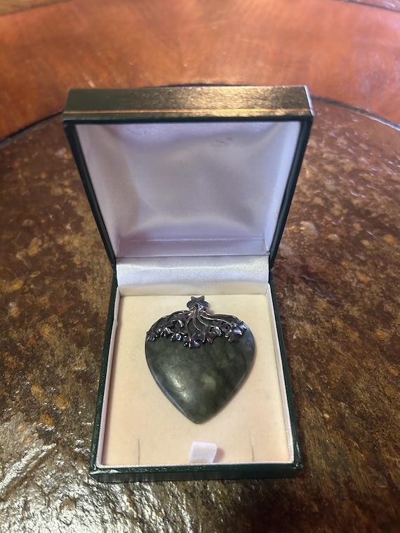 Vintage 1990's .925 Connemara Marble Pendant Made in Ireland Green Stone Heart
