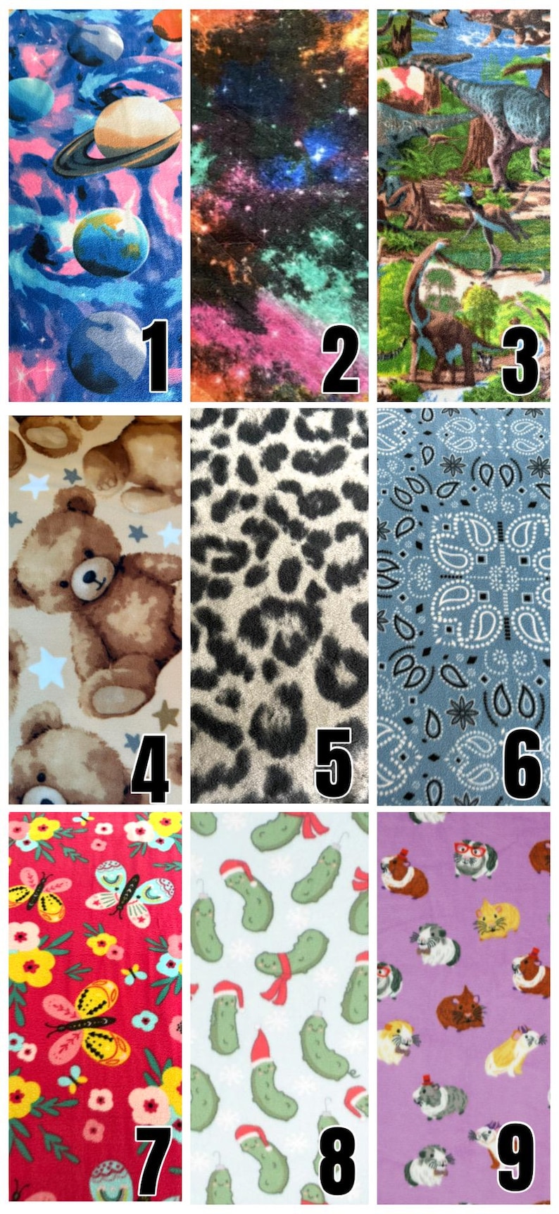 K&ouml;nnte beinhalten: Ein Raster aus neun Stoffmustern mit verschiedenen Motiven: Weltraum mit Planeten, ein bunter Nebel, Dinosaurier im Wald, Teddyb&auml;ren mit Sternen, ein schwarz-beiges Leopardenmuster, ein blaues Paisley-Bandana-Muster, Schmetterlinge und Blumen, Gew&uuml;rzgurken mit Weihnachtsm&uuml;tzen und Meerschweinchen auf violettem Hintergrund.
