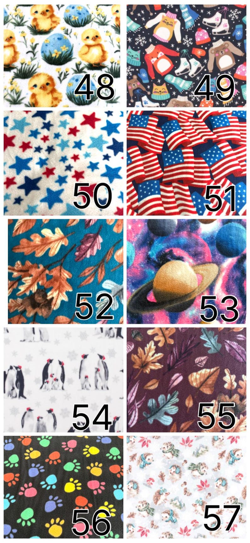 K&ouml;nnte beinhalten: Ein Raster aus zehn Stoffmustern, nummeriert von 48 bis 57, mit Mustern aus gelben K&uuml;ken, Winterkleidung, roten und blauen Sternen, amerikanischen Flaggen, Herbstbl&auml;ttern, Planeten, Pinguinen, bunten Pfotenabdr&uuml;cken und Igeln auf verschiedenen Hintergr&uuml;nden.