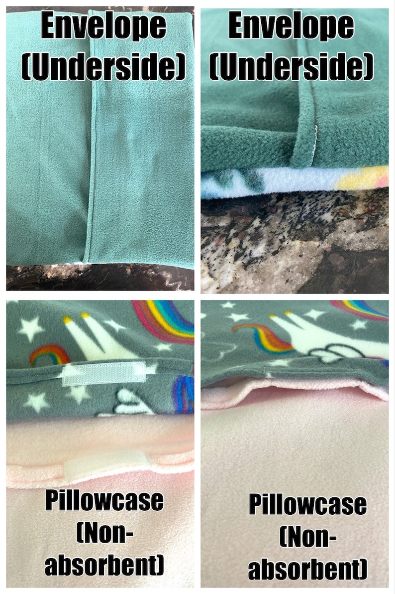 K&ouml;nnte beinhalten: Ein Kissenbezug aus Fleece mit grauem Hintergrund und einem Muster aus wei&szlig;en Einh&ouml;rnern, Regenb&ouml;gen und Sternen. Die Unterseite zeigt einen Hotelverschluss, w&auml;hrend das Innere ein hellrosa, nicht saugf&auml;higes Futter mit Klettverschluss aufweist.