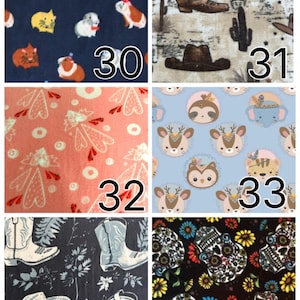 K&ouml;nnte beinhalten: Eine Collage aus zehn Stoffmustern mit den Nummern 28 bis 37, die Muster mit Bienen, Schottenkaro, Meerschweinchen, Cowboystiefeln, Herzen, Waldtieren, Totenk&ouml;pfen, Punkten und weihnachtlichen Schneekugeln auf verschiedenen Hintergr&uuml;nden zeigen.