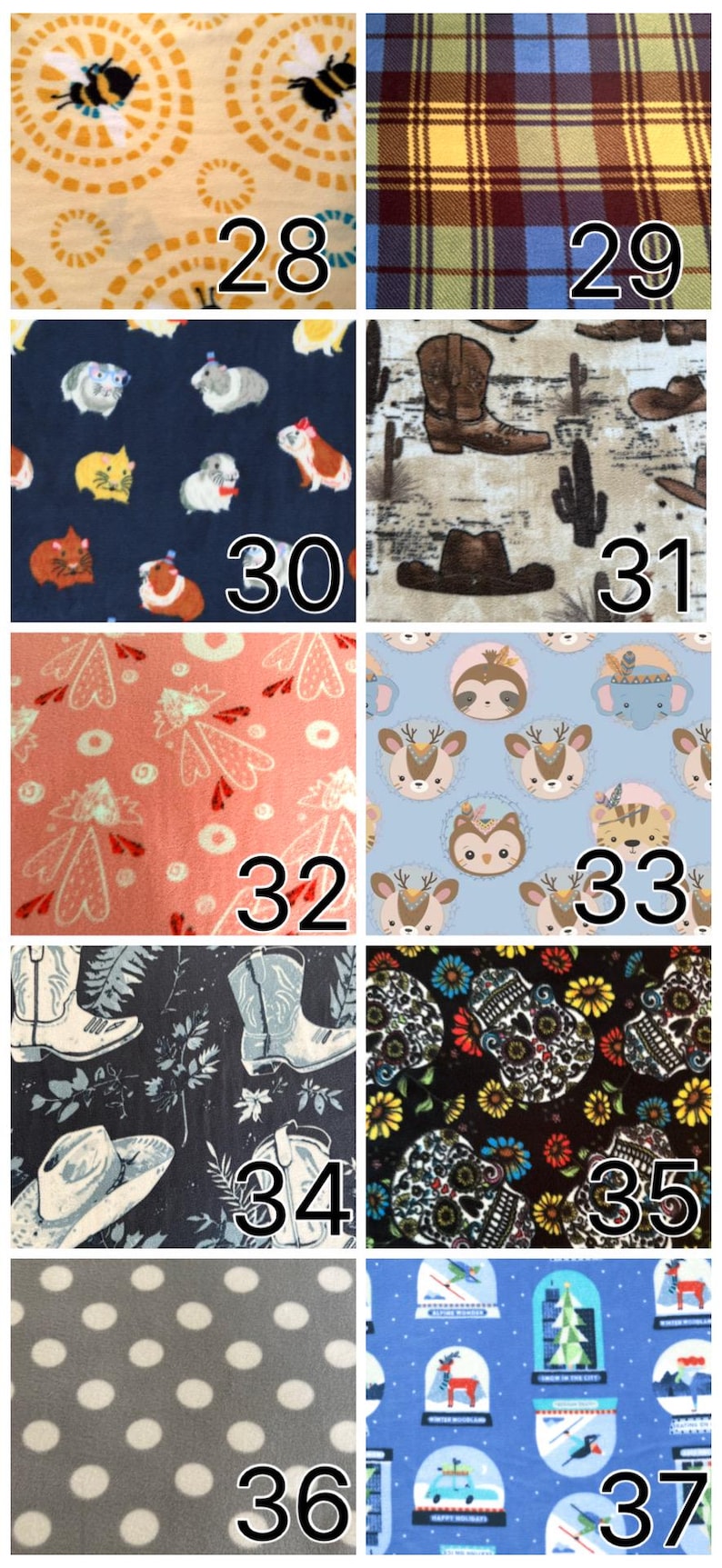 K&ouml;nnte beinhalten: Eine Collage aus zehn Stoffmustern mit den Nummern 28 bis 37, die Muster mit Bienen, Schottenkaro, Meerschweinchen, Cowboystiefeln, Herzen, Waldtieren, Totenk&ouml;pfen, Punkten und weihnachtlichen Schneekugeln auf verschiedenen Hintergr&uuml;nden zeigen.