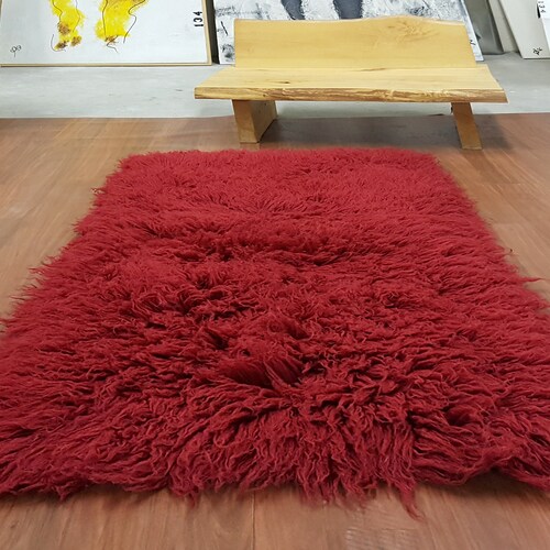 Beautiful 3' x 5' Dark Cherry flokati shag rug | Super thick 3.25