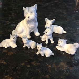 TERRIER DOG lover ~ Seven (7) piece, porcelain Terrier Dog Family ~ Daddy, Mom and 5 puppies!!