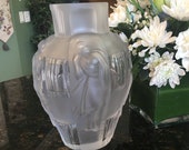 Lovely vintage 10-inch CZECH DESNA Vase - FROSTED Glass w Semi-Nude Dancing Women in Perfect Condition and Signed